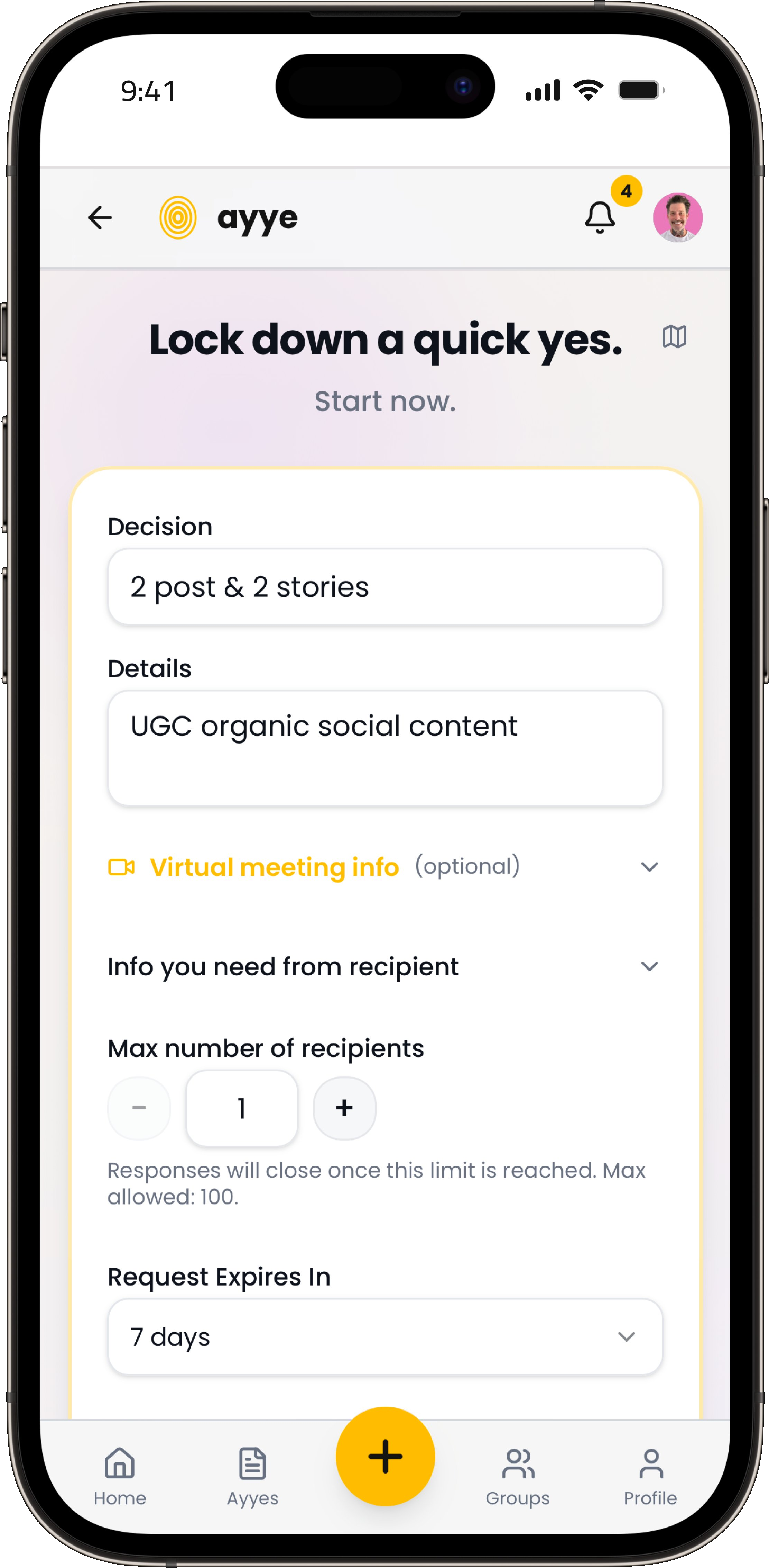 Ayye app screen